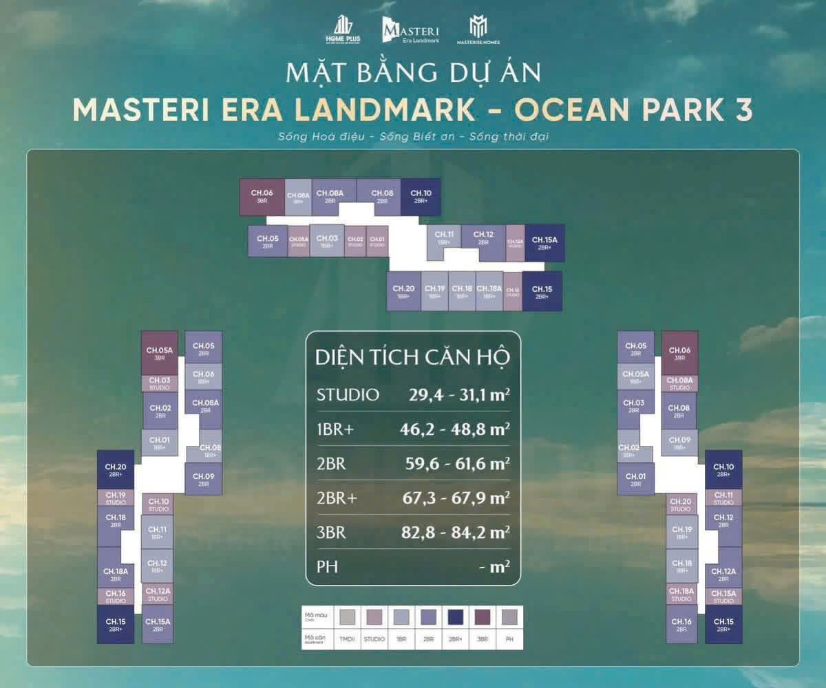 THIẾT KẾ CĂN HỘ MASTERI ERA LANDMARK Masteri Era Landmark Ocean Park 3 nổi bật với phong cách thiết kế hiện đại tối giản nhưng không kém phần tinh tế và độc đáo. Mặt dựng của tòa căn hộ gây ấn tượng ngày từ cái nhìn đầu tiên với những mảng kính mảng kính sang trọng, các đường nét thanh thoát và mạnh mẽ với các màu sắc thanh lịch như cam nhạt, nâu đất, vàng Champagne hay xanh ngọc lam thanh khiết, … Thuộc dòng sản phẩm Masteri Collection, toàn bộ không gian căn hộ Masteri Era Landmark được sử dụng chất liệu cao cấp, hoàn thiện chỉn chu và tỉ mỉ với các gam màu trung tính, thiết kế công năng tối giản nhưng không kém phần sang trọng xứng tầm đẳng cấp và phản ánh gu thẩm mỹ tinh tế của gia chủ. Mặt bằng căn hộ được tối ưu với trần cao và hệ kính lớn mở ra một không gian sống khoáng đạt, tạo sự thư thái và trải nghiệm xứng tâm cho mọi thành viên. Thiết kế căn hộ tại Masteri Era Landmark Ocean Park 3 là sự kết hợp hoàn hảo giữa tính thẩm mỹ hiện đại và công năng thực tiễn, kế thừa ưu điểm vượt trội từ Masteri Trinity Square. Với 6 loại hình chính (Studio, 1PN+, 2PN, 2PN+, 3PN) và 2 loại hình VIP (Duplex & Penthouse), dự án đáp ứng đa dạng nhu cầu từ khách hàng trẻ tài chính tầm trung đến giới thượng lưu đề cao sự tận hưởng. Diện tích linh hoạt từ 28-120 m², mỗi căn hộ đều được tối ưu hóa với layout mở, không gian “siêu rộng” dễ dàng tùy chỉnh theo ý muốn cá nhân – từ góc làm việc đa năng đến khu thư giãn riêng tư.